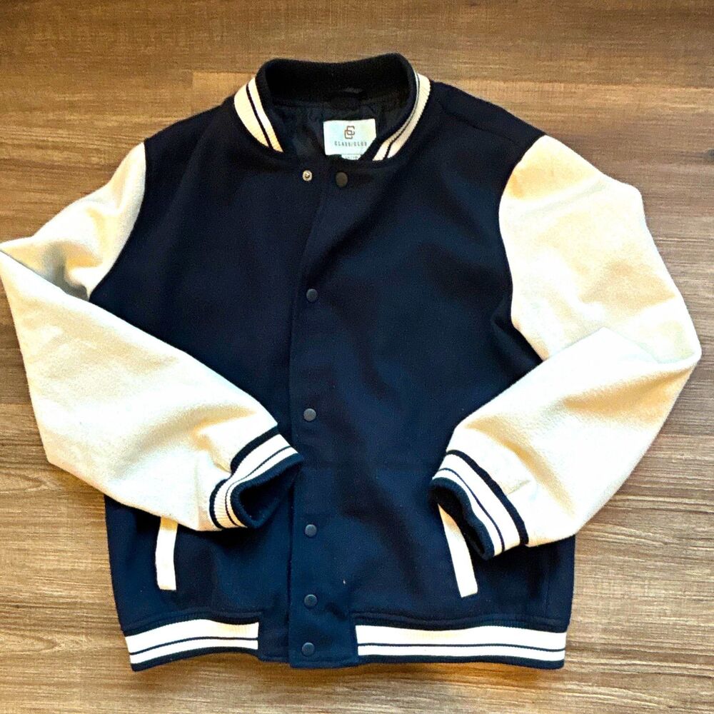 Class Club Boys Black/White Varsity Jacket Snap Front Long Sleeve Pockets